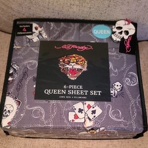 Ed Hardy Gray Queen Sheet Set with Skull and Dice